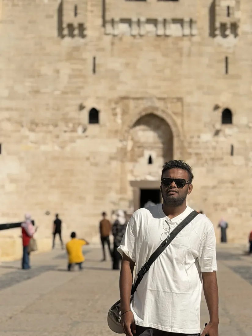 Akash in front of the Citadel of Qaitbay, Alexandria